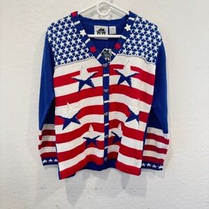 NWT Storybook Knits Patriotic Cardigan Sweater Womens Small Ramie Cotton Stripes